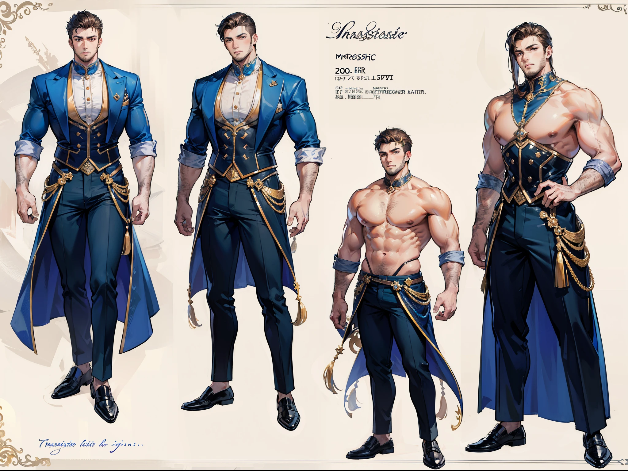 ((Masterpiece, Highest quality)), Detailed face, character design sheet， full bodyesbian, Full of details, Multiple expressions, Highly detailed, Depth, Many parts, Muscle boy with brunette hair，handsome man, muscle body, outfit male gods, man tall