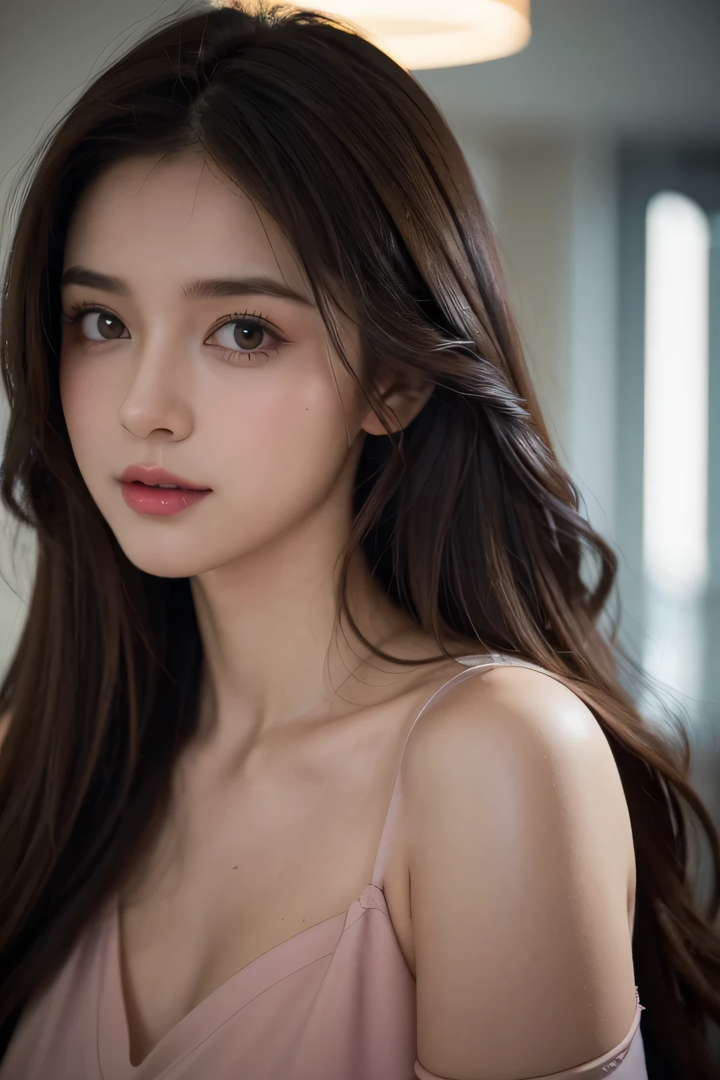 The prompt generated by the assistant for the given theme is: "a girl with long, dark brown hair, wearing a sexy nurse dress, vibrant colors, high quality details, realistic, portraits, soft lighting".