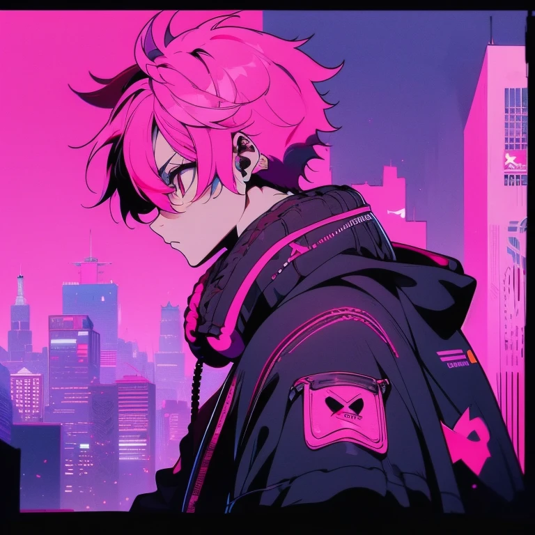 (short-cut), (Two-block hair), (vivid pink hair), (male character), (Red Eyes), (Cool pose), (of the highest quality), (​masterpiece), (ultra-detailliert), (Oversized hoodies), (headphones), (Street), (neons), (Camera from a down angle), (Modern City), (neonsデイライト), (Cinematic), (Stylish), (hight resolution), (Hyper Detailed), (Looking at the camera), (Anime-style), (Softtown), (nightcore), (a handsome man), (Listening to music), (natural appearance of the building), (casual), (ig studios anime style),