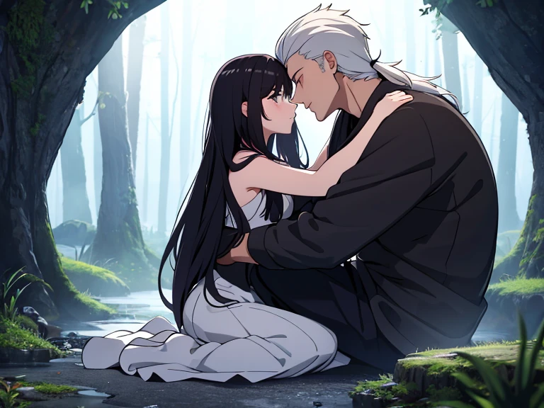 (best quality, 4k, highres), romantic moonlit night, a girl with long flowing black hair, a muscular man, misty forest, they gaze into each other's eyes, they express their love for each other, embrace each other tightly、In the fog、dark place in the forest、The man has white hair and a manly hairstyle、Sit on the ground、line-drawing、animations、The girl is wearing black clothes