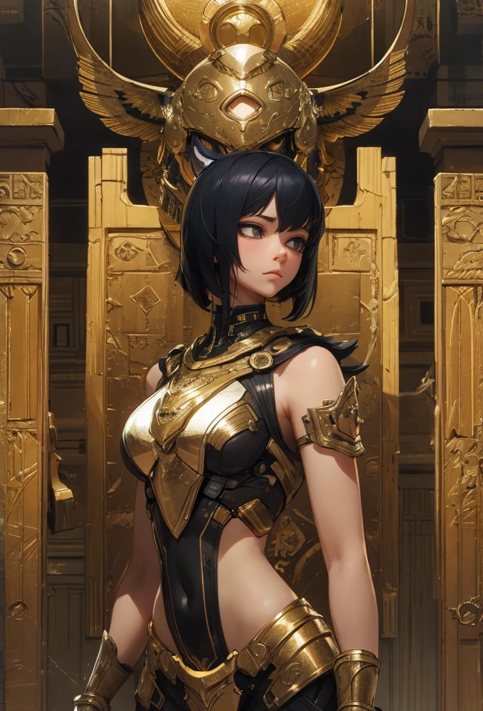 (Detailed illustrations,Very detailed and detailed drawing,Delicate lines with slow and rapid,Realistic texture expression),[Color tressed main line],[ruins background [Ancient Egypt]],HENTAI (ANIME Girl (Beautiful fece) sixteen years old) cyborgs [(skin tanned) [Lustrous black hair]],((Bastet) Beautifully decorated golden cyber armor) ([Complex decorative processing] [elegent],Gorgeous golden luster (Polished reflective luster)) [Gorgeous and luxurious],gravure,[Oparts Lost Technology [Hierograph]],(複雑でBeautiful fece装飾 [Dense detail]),(きめ細やかでBeautiful fece肌表現 [Transparency]),[完璧な目のdetaileds (Iris beautifully drawn in every detail)[Jewel-like eyes]],[長くてBeautiful fece睫毛],[Meticulously drawn hair [美しく艷やかな髪のdetaileds]],(完璧な手のdetaileds [破綻のないBeautiful fece指 [Beautiful nails]]),(Perfect Anatomy(Perfectly proportioned))[[Full body like]],[[Design built to the highest level]][Ideal color coordination(Accurate simulation of light-material interactions)],([Precision Detail](detaileds,high-detail)),[Visual art that conveys a sense of narrative].