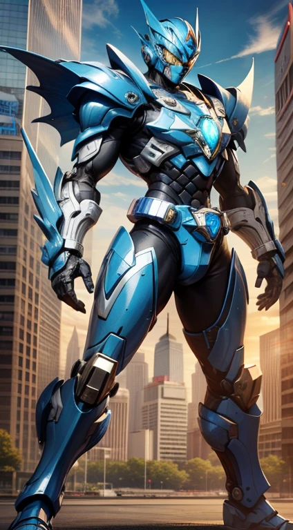 Handsome man, made of blue metal, (Blue Cyborg: 1.1), (((Blue Power Ranger's style helmet with chrome face plate))), ([Tail | Detail Wire]: 1.3), (Complex Detail), HDR, (Complex Detail, Ultra Detail: 1.2), Cinematic Shot, Masterpiece, Best Quality, High Resolution, Centering, mechanical, cyber wings, standing, full body, city, night