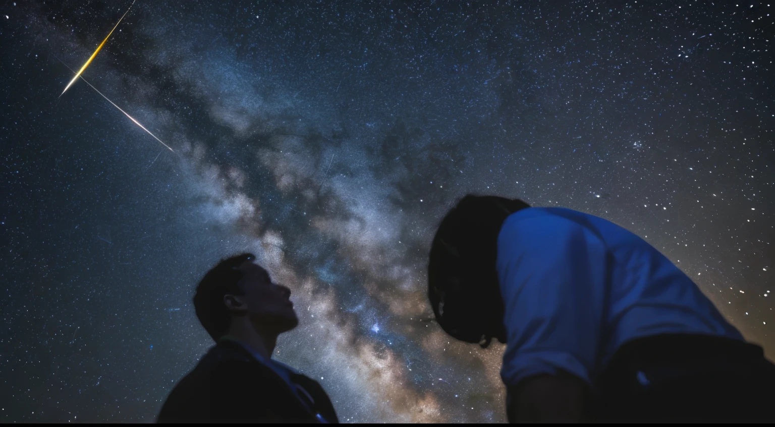 (((kings))), some distant kings with crowns gazing at the stars (minus: 1.1), (meteor shower: 1.2), (comet: 1.1), low angle, from behind, shooting star arrow labrealis, Thobes, highest quality standing in the field, masterpiece, clouds, colorful, starry sky, stars,