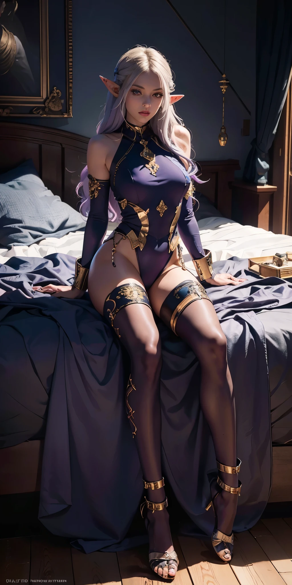 (masterpiece), (best quality), (ultra-detailed), line drawing, skindentation, (high resolution), (shackles on legs and arms inside bed), (high quality, best rendering), (8k), sharp focus, highres, 1girl, drow, purple colored skin, drow elf, pointy ears, full body, fetal positon on bed, (high quality:1.2), (high detail:1.2), (masterpiece:1.2), (extremely detailed:1.2)