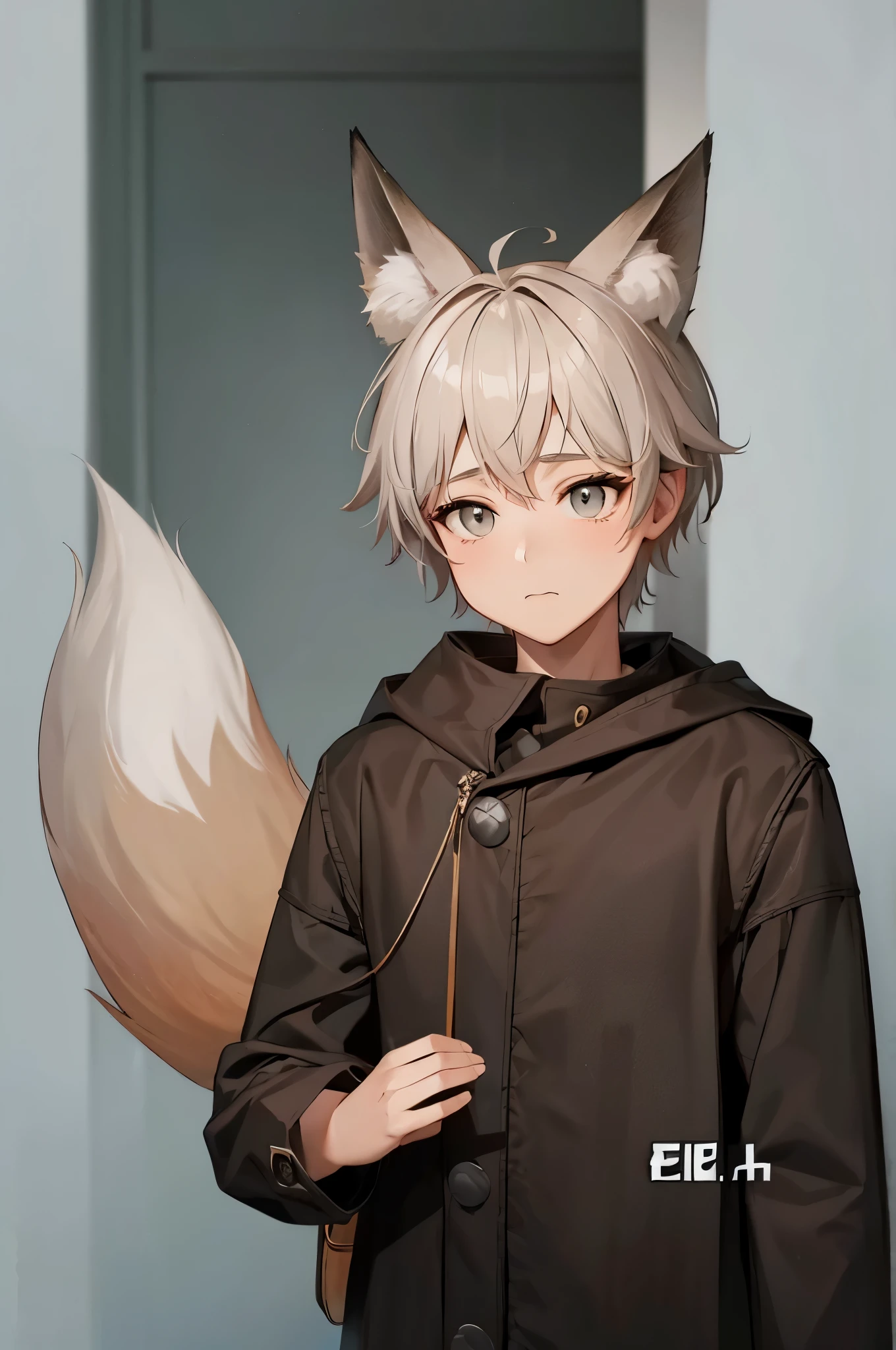 Male, man, male child, fox ears, fox tails, adorable, sad, dark sky, big eye, very cute, Americana art style,