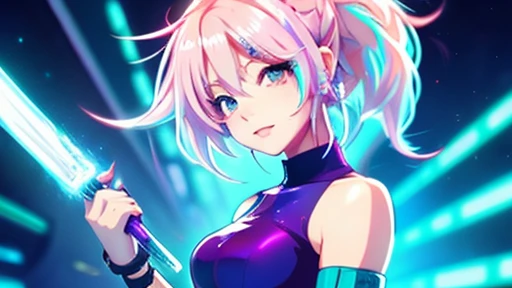 ２D An anime-style, lively cyberpunk-style beautiful girl with white pink hair holds a sword on the right side of her upper body.、Computer wallpaper based on red, green and blue