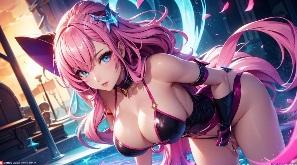 seraphine1, league of legends, pink hair,, big boobs, cleavage, digital illustration, vibrant colors, soft lighting, perfect face, absurdres, ultrasharp, 8K, glowing effects, long hair,  wet dress