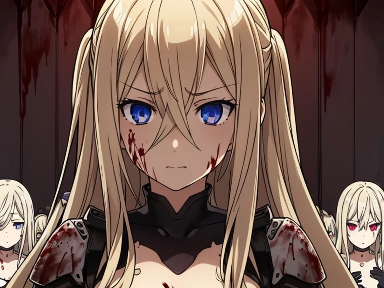 best quality, masterpiece, (((6 girls))), blond hair, ((((blood)))), (((non expresion))), detailed facial expression, intense emotions, dark background, dramatic lighting, haunting atmosphere, detailed eyes, (perfect hands, perfect anatomy), (torn combat suit), (((((detailed eyes)))))