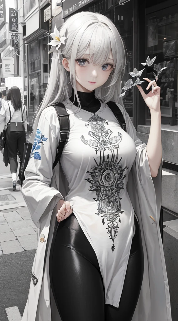 (tmasterpiece:1.1),(Best quality at best:1.1),(HighDynamicRange:1),ambient lights,hyper qualit,( Super detailed original image),(1个Giant Breast Girl, full bodyesbian),((harajuku fashion)),((flower with human eyes, flower eyes)),double contact,流体抽象Artistically的融合,Glitching,(Original illustration composition),(Limited color blending, 极简Artistically风格, 几何Artistically风格, butterflys, Artistically),black undersuit