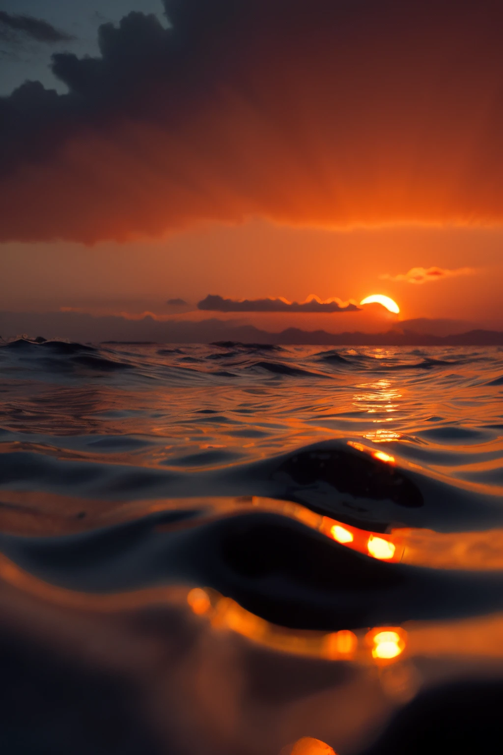 Sea level perspective, eye-level view, sea surface, sunrise, red sun, (sea-sky ratio: 1)