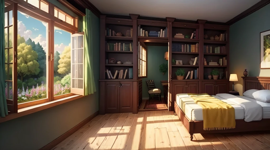 There is a cozy bedroom with a big fluffy bed, next to it are wooden bookcases, there is a window seat that is looking out over a garden (extremely detailed CG unity 8k wallpaper), (best quality), (best illustration), (best shadow)