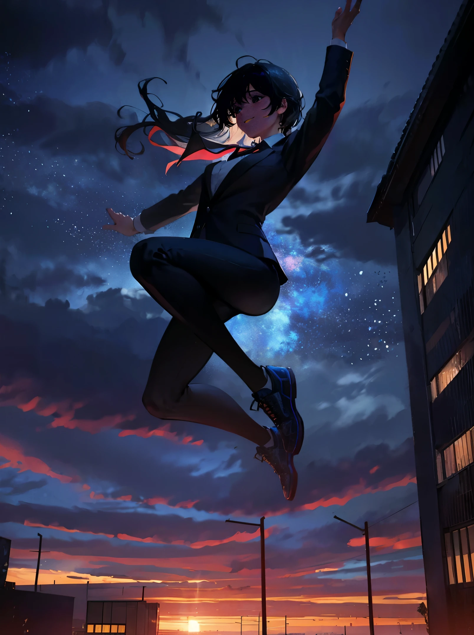 parkour girl,wearing a suit,Jump from the roof!! ︎,breathing air, blows wind,Fluttering hair,gust of wind, Colorful, , masterpiece, splatters, From directly below, side, A smile, starrysky, in a storm