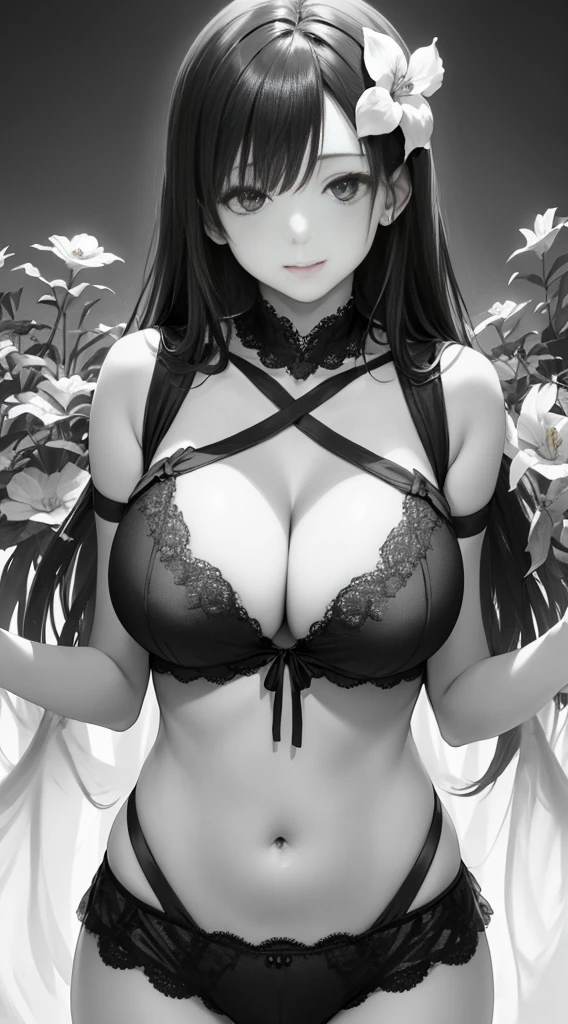 (tmasterpiece:1.1),(Best quality at best:1.1),(HighDynamicRange:1),ambient lights,hyper qualit,( Super detailed original image),(1个Giant Breast Girl, full bodyesbian),((harajuku fashion)),((flower with human eyes, flower eyes)),double contact,流体抽象Artistically的融合,Glitching,(Original illustration composition),(Limited color blending, 极简Artistically风格, 几何Artistically风格, butterflys, Artistically),black lace cleavage underwear
