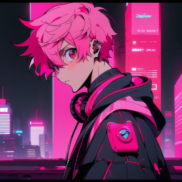 (short-cut), (Two-block hair), (vivid pink hair), (male character), (Red Eyes), (Cool pose), (of the highest quality), (​masterpiece), (ultra-detailliert), (Oversized hoodies), (headphones), (Street), (neons), (Camera from a down angle), (Modern City), (neonsデイライト), (Cinematic), (Stylish), (hight resolution), (Hyper Detailed), (Looking at the camera), (Anime-style), (Softtown), (nightcore), (a handsome man), (Listening to music), (natural appearance of the building), (casual), (ig studios anime style),