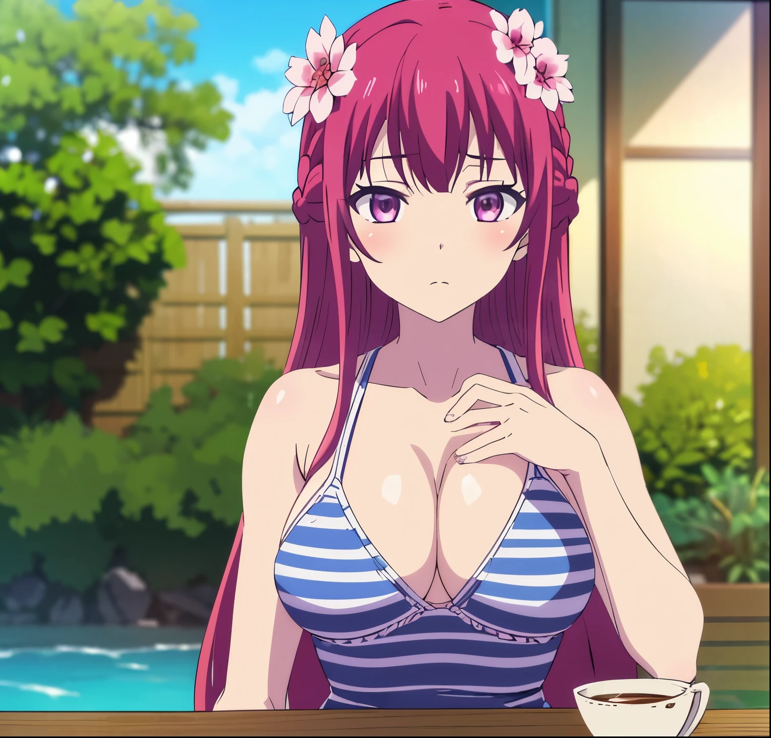 , ouka, long hair, 1girl,alone,looking at viewer,  large breasts,  hair ornament, cleavage,  purple eyes, collarbone, swimsuit,  red hair, braid, flower, bikini, solo focus, striped, hair flower,  blurry, cup, ice, striped bikini, ice cube