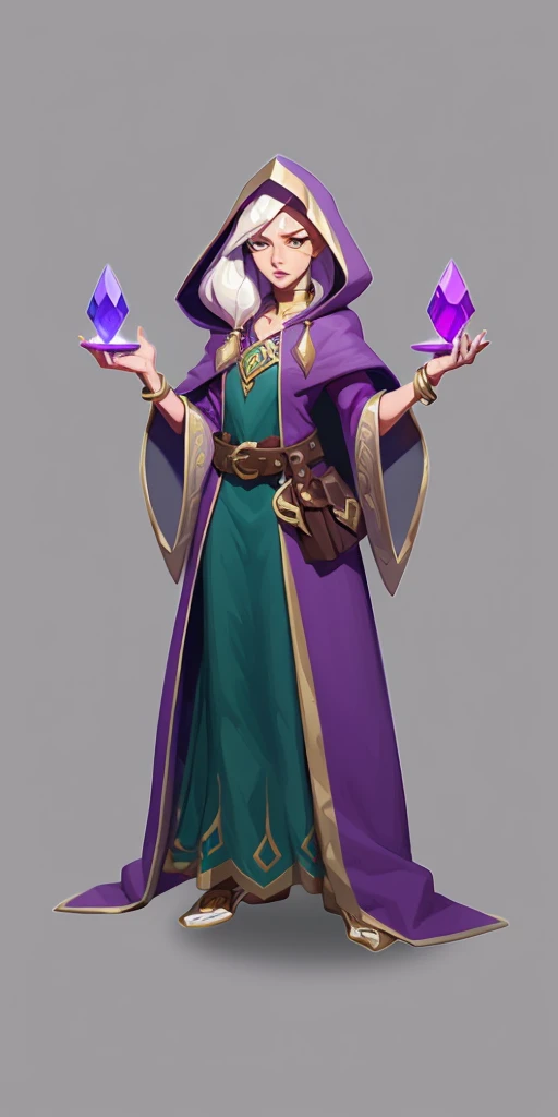 mstoconcept art, european and american cartoons, game character design, solo, 1GIRL, MAGICIAN, FEMALE FOCUS, CLEAN FACE,  GRAY BACKGROUND, WIZARD, FULL BODY, STANDING, HOOD, ROBE, YOUNG, JEWELRY, LONG MESY WHITE HAIR, BRACELET, WIDE SLEEVES, YOUNG WOMAN, BELT, GEMSTONE, LONG SLEEVES