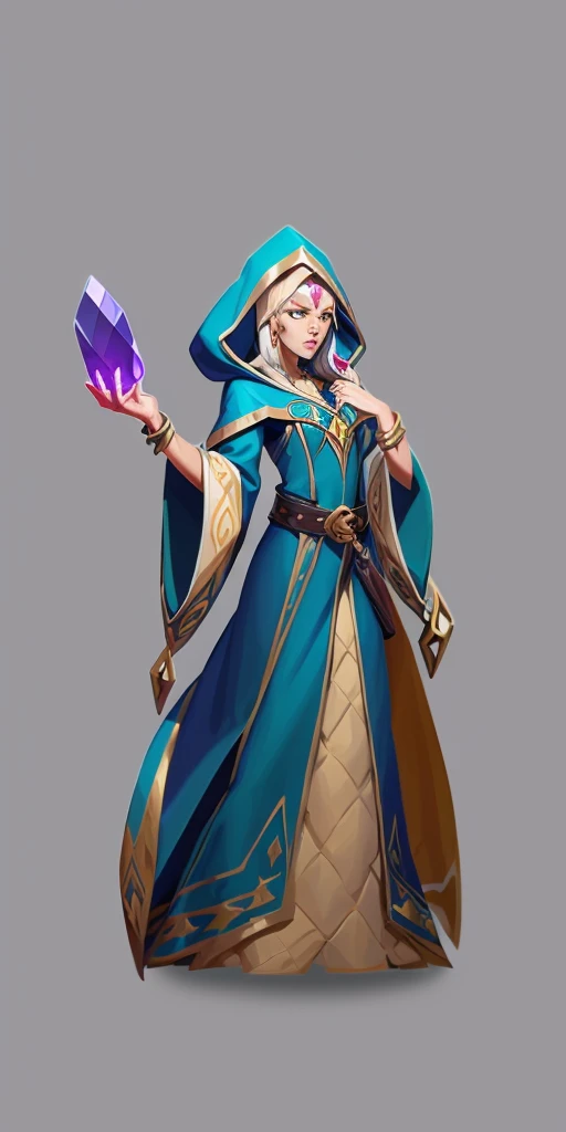 mstoconcept art, european and american cartoons, game character design, solo, 1GIRL, MAGICIAN, FEMALE FOCUS, CLEAN FACE, GRAY BACKGROUND, WIZARD, FULL BODY, STANDING, HOOD, ROBE, YOUNG, JEWELRY, LONG MESY WHITE HAIR, BRACELET, WIDE SLEEVES, YOUNG WOMAN, BELT, GEMSTONE, LONG SLEEVES