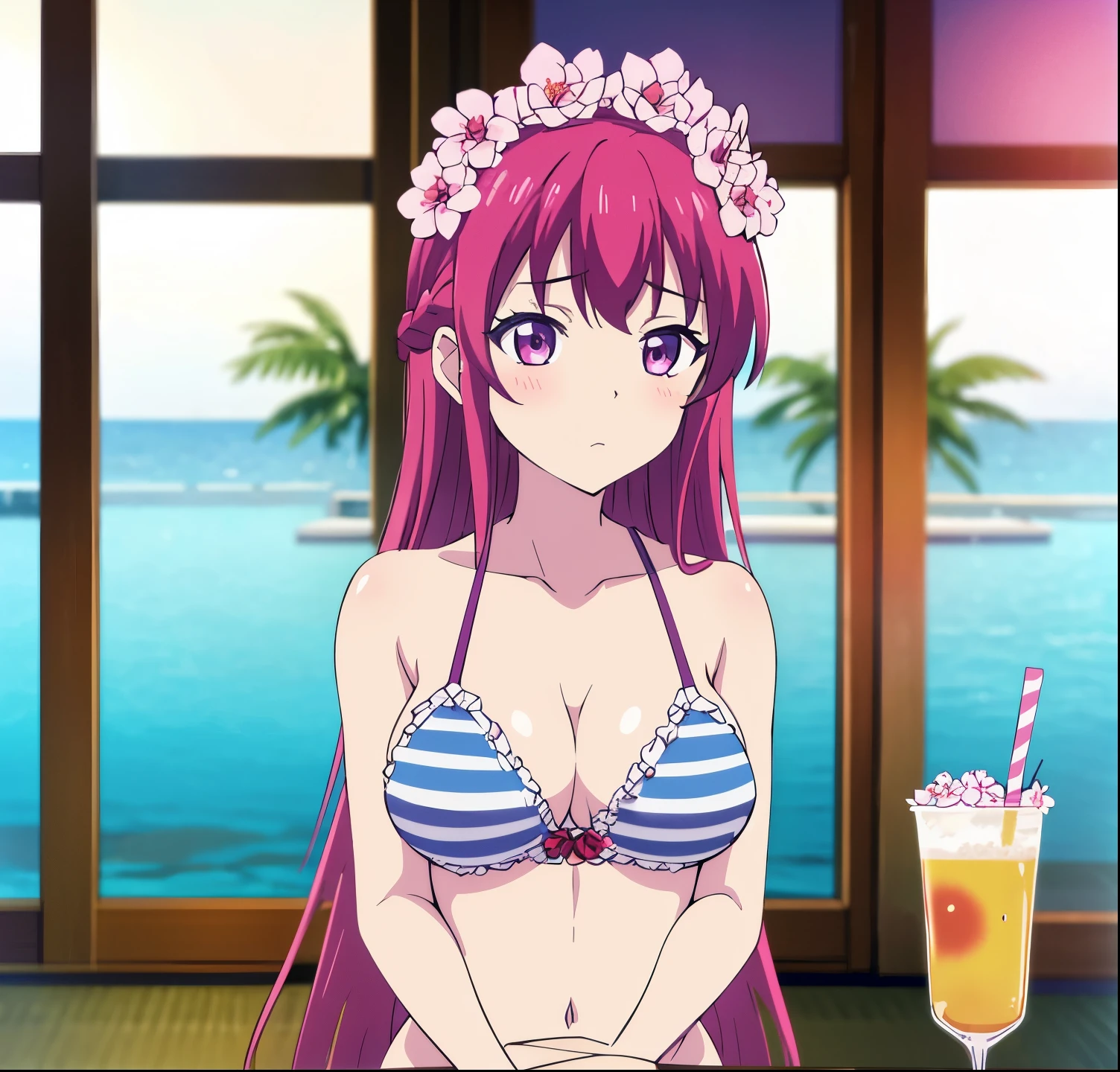 , ouka, long hair, 1girl,alone,looking at viewer,  large breasts,  hair ornament, cleavage,  purple eyes, collarbone, swimsuit,  red hair, braid, flower, bikini, solo focus, striped, hair flower,  blurry, cup, ice, striped bikini, ice cube