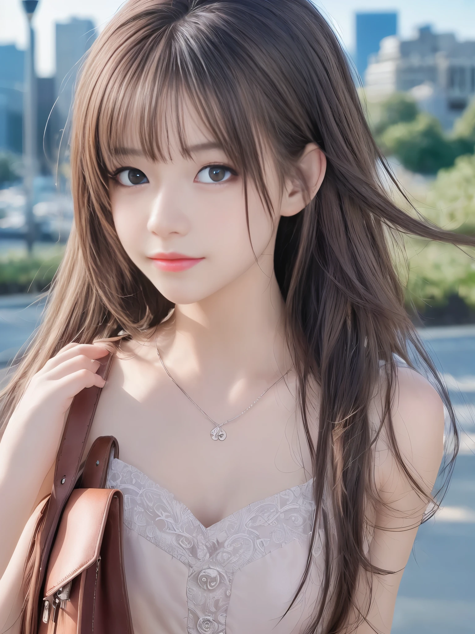 (8k raw photos, highest quality, masterpiece, 8k-UHD), (realistic, photorealistic: 1.37), (anatomically accurate and realistic skin), ultra high resolution, depth of field, film lighting, film grain, very cute 16 year old girl, tips, red eyes, long eyelash, bags under the eyes, cute face, very detailed eyes and hair, skin with beautiful details, happy smile, brown hair, thick bangs, shiny hair, curly, , cityscape,