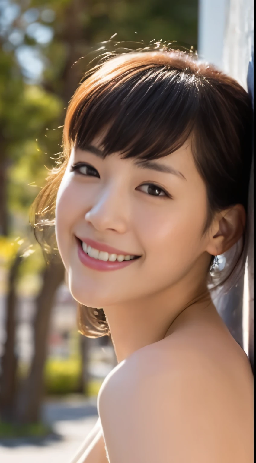 high-level image quality、hightquality、Real live-action、Realistic、Raw photography、masterpiece、masutepiece、Realistic background、 独奏、beautiful japanese female、(All Nude)、Shy smile、 facing the viewer、Human biologically correct、hyperdetailed face、 Detailed eyes、Obscene content、Pornographic Graffiti、For adults、teats、(((Inter-strands)))、pubick hair、erotick、(((Much like Ayase)))、(((fullnude)))、A dark-haired、straight haired、Long、The whole body is visible、not any dressed