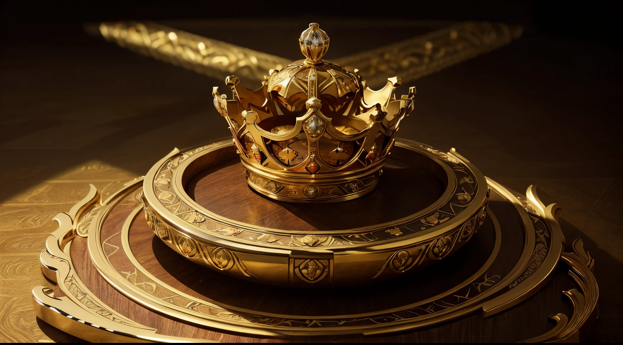 (high quality, detailed, professional, photorealistic:1.2), 3D rendered, (logo:1.1), with (two crowns) interlocking in the center, surrounded by the elegant text (Royals of his kingdom), in a (png format). The crowns should be (intricately designed, golden, detailed), showcasing (fine craftsmanship), with (detailed engravings) and (shimmering jewels). The text should be (elegantly written, calligraphic), with a (regal, majestic) font style that exudes (royalty and grandeur). The overall image should have (rich, vibrant colors), with a (warm color palette), creating an atmosphere of (elegance and prestige). The logo should be well-lit and positioned on a (dark, luxurious) background, enhancing its (prominence and visual impact).