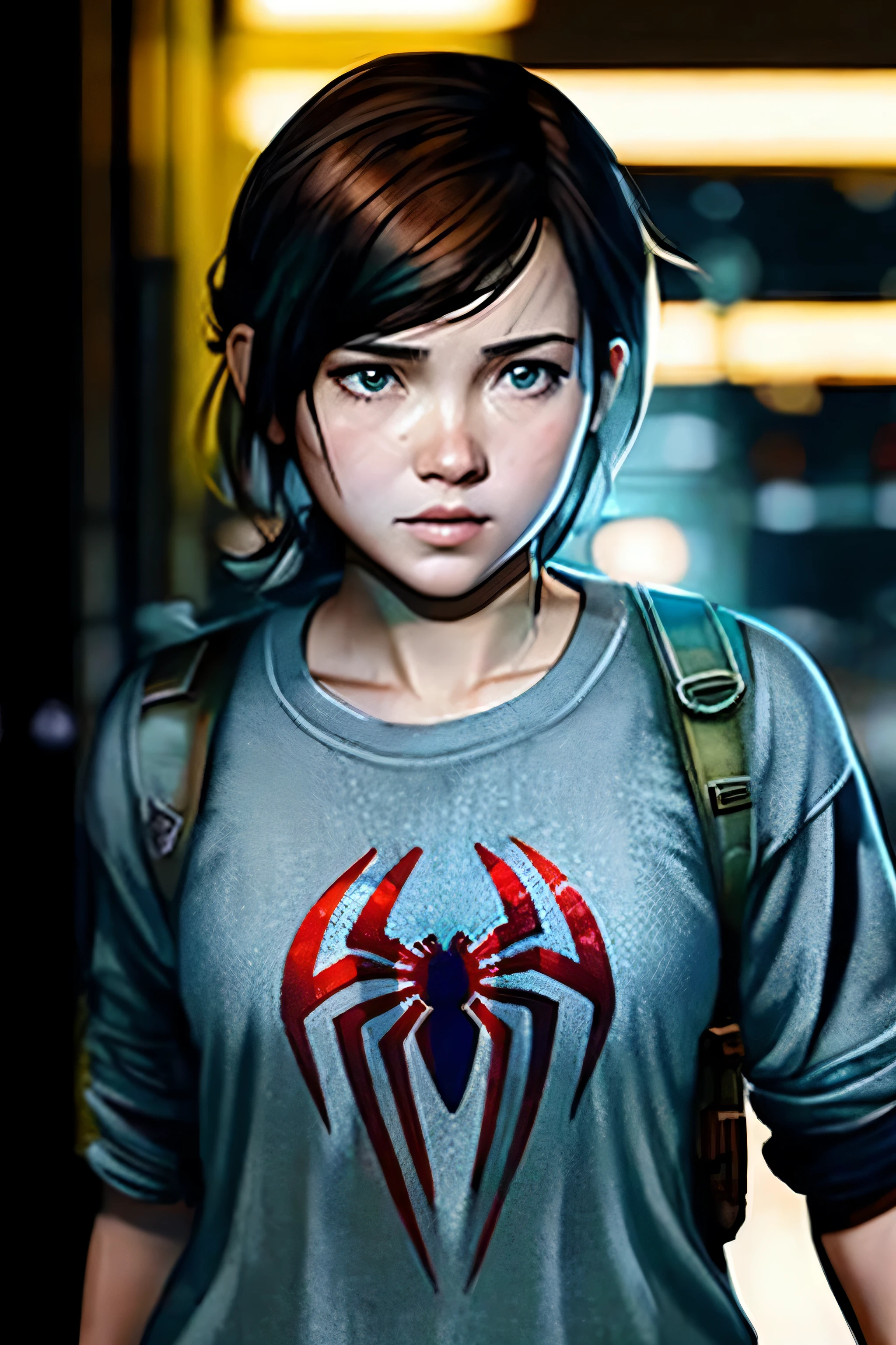 Ellie (The Last of Us II) wearing a Spiderman No Way Home suit, face not change,