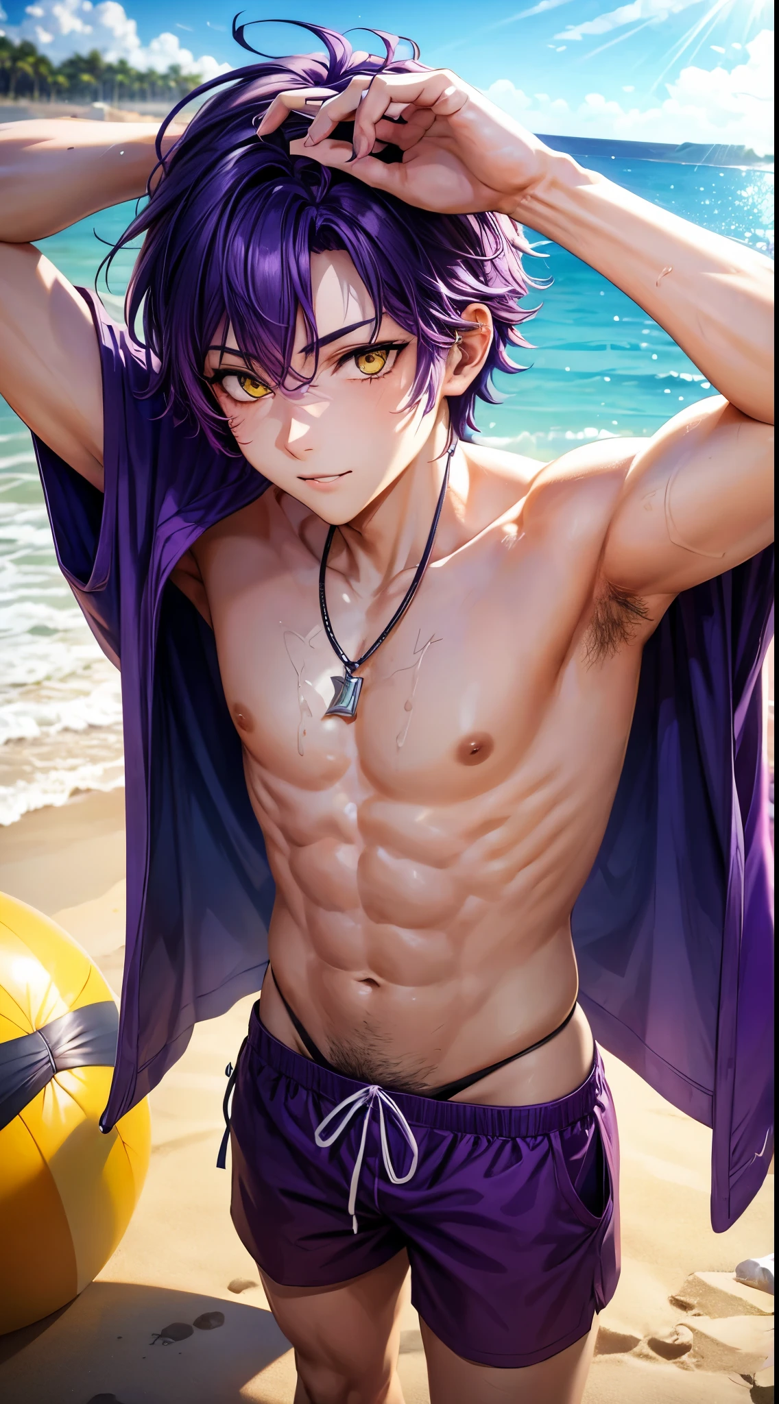 1 guy, purple hair, yellow eyes, wearing swim trunks, at a beach, detailed, vibrant, Upscale 8K