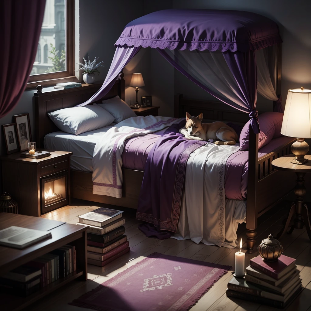 Mystical and magical Bedroom where there is floating energy. It all is in a purple color spectrum and there are candles and books everywhere. A little dog is sleeping peacefully on the ground. (extremely detailed CG unity 8k wallpaper), (best quality), (best illustration), (best shadow)