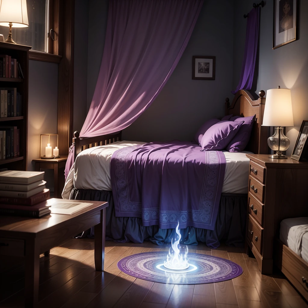 Mystical and magical Bedroom where there is floating energy. It all is in a purple color spectrum and there are candles and books everywhere. A little dog is sleeping peacefully on the ground. (extremely detailed CG unity 8k wallpaper), (best quality), (best illustration), (best shadow)