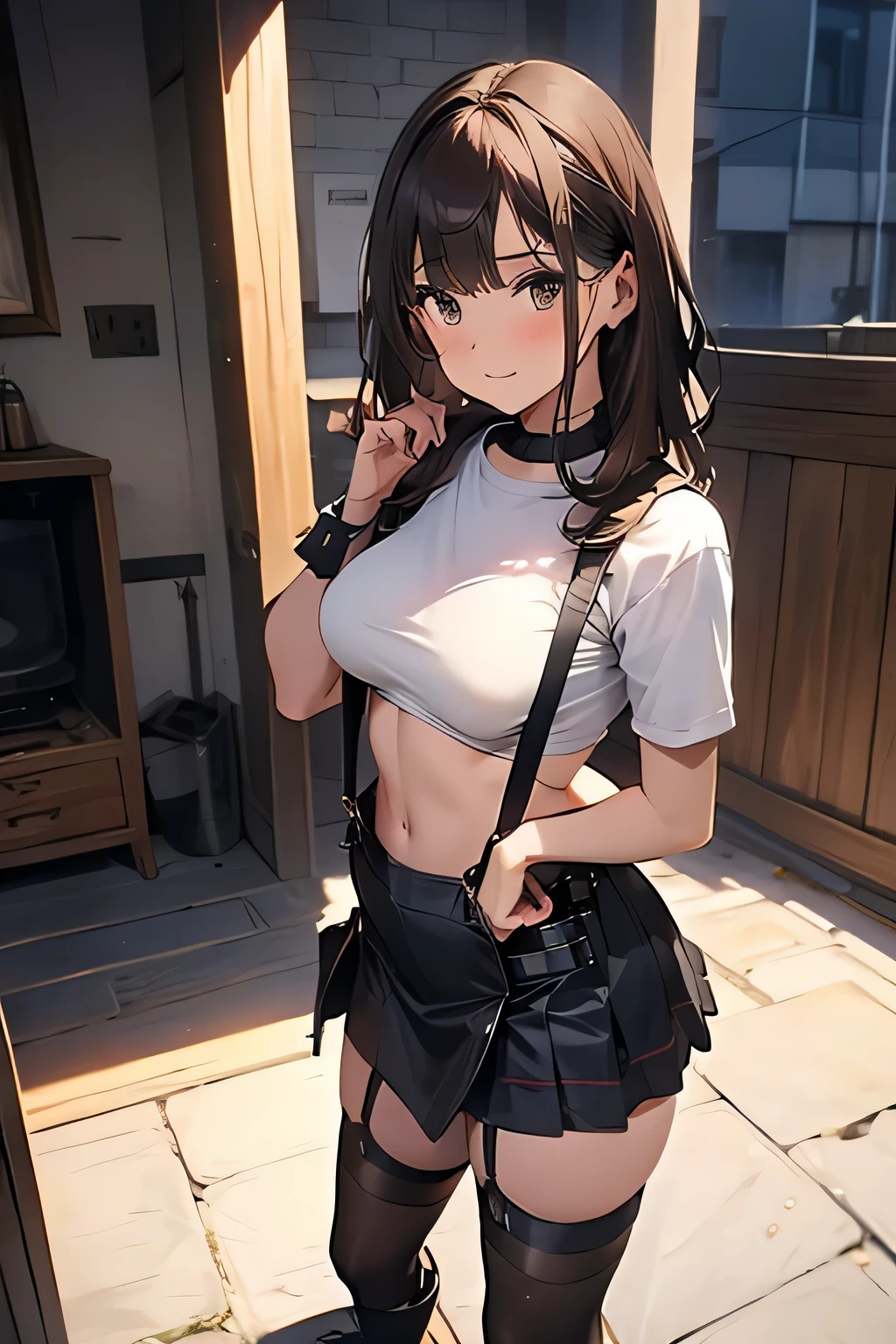 Brown hair、watching at viewers black suspenders bulging big tits walls: Black miniskirt garters Gaze a small face bangss holster Beautuful Women Hands up レッグholster ベッドに横たわる Gaze black boots panty shot Provocation flank flank汗 Soio arms are