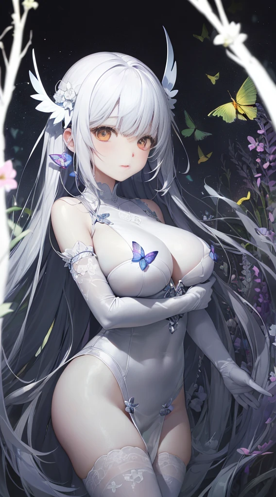 (tmasterpiece:1.1),(Best quality at best:1.1),(HighDynamicRange:1),ambient lights,hyper qualit,( Super detailed original image),(1个Giant Breast Girl, full bodyesbian),((harajuku fashion)),((flower with human eyes, flower eyes)),double contact,流体抽象Artistically的融合,Glitching,(Original illustration composition),(Limited color blending, 极简Artistically风格, 几何Artistically风格, butterflys, Artistically),black undersuit