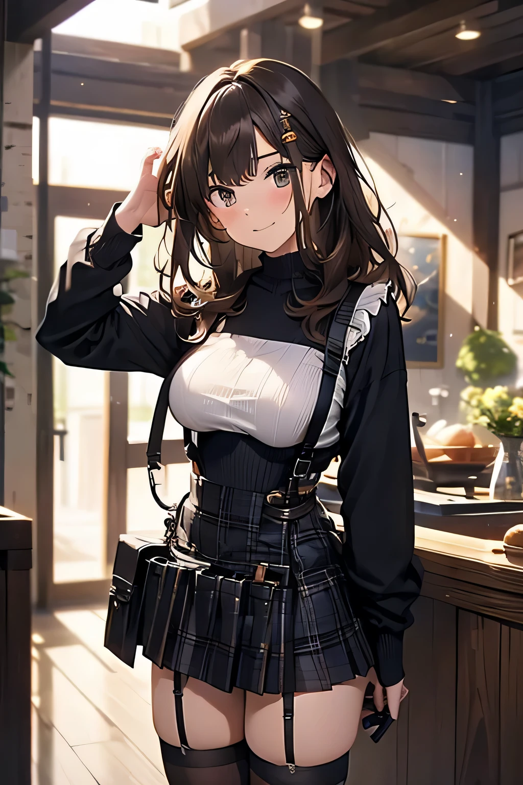 Brown hair、watching at viewers black suspenders Bulging big breasts walls: Black miniskirt garters Gaze Small face bangss holster Beautuful Women hands up レッグholster ベッドに横たわる Gaze black boots panty shot provocation flank flank汗 soio arm