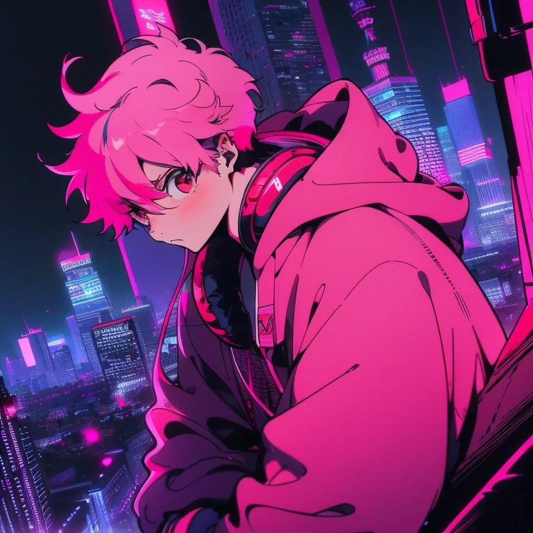 (short-cut), (Two-block hair), (vivid pink hair), (male character), (Red Eyes), (Cool pose), (of the highest quality), (masterpiece), (ultra-detailliert), (Oversized hoodies), (headphones), (Street), (neons), (Camera from a down angle), (Modern City), (neonsデイライト), (Cinematic), (Stylish), (hight resolution), (Hyper Detailed), (Looking at the camera), (Anime-style), (Softtown), (nightcore), (a handsome man), (Listening to music), (natural appearance of the building), (casual), (ig studios anime style),