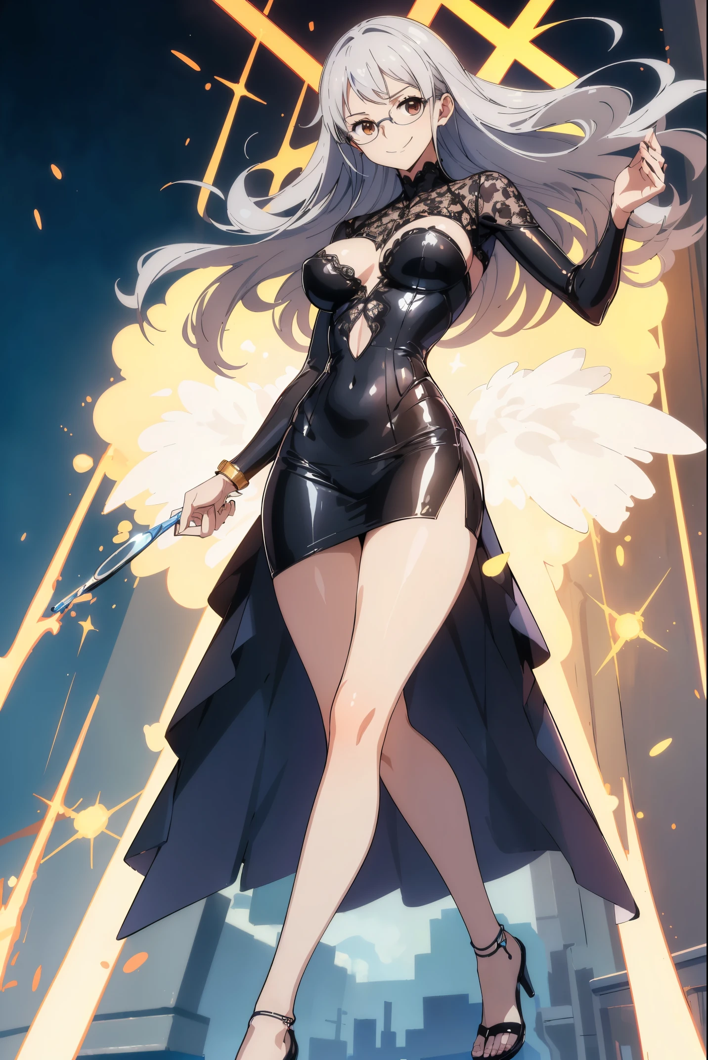 Colossal titackground with, adorable expression ，tmasterpiece,(Best quality at best,(Glossy glossy skin),realistically，legs separated，，silver glasses，Smile Expression，Transparent lace，