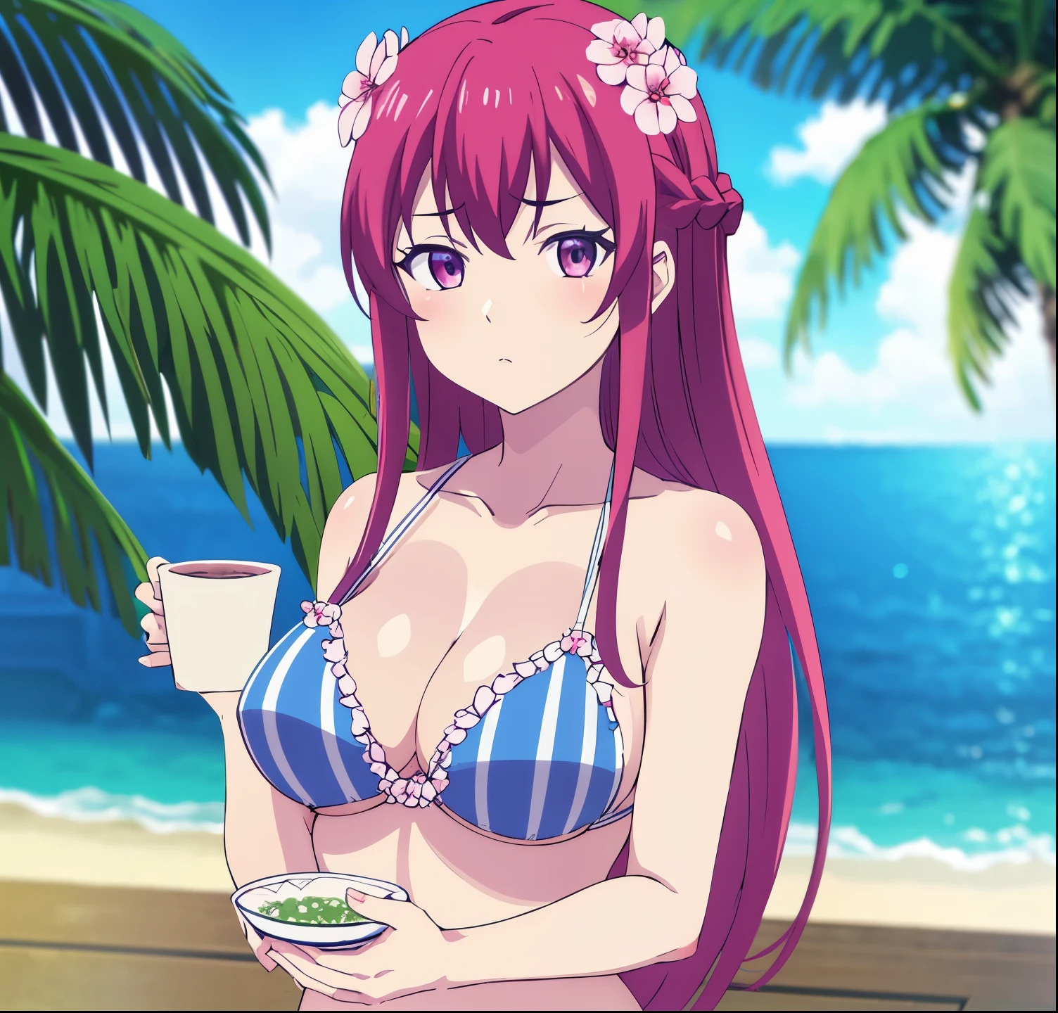 , ouka, long hair, 1girl,alone,looking at viewer,  large breasts,  hair ornament, cleavage,  purple eyes, collarbone, swimsuit,  red hair, braid, flower, bikini, solo focus, striped, hair flower,  blurry, cup, ice, striped bikini, ice cube