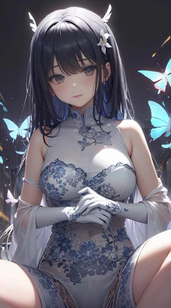 (tmasterpiece:1.1),(Best quality at best:1.1),(HighDynamicRange:1),ambient lights,hyper qualit,( Super detailed original image),(1个Giant Breast Girl, full bodyesbian),((harajuku fashion)),((flower with human eyes, flower eyes)),double contact,流体抽象Artistically的融合,Glitching,(Original illustration composition),(Limited color blending, 极简Artistically风格, 几何Artistically风格, butterflys, Artistically),black undersuit