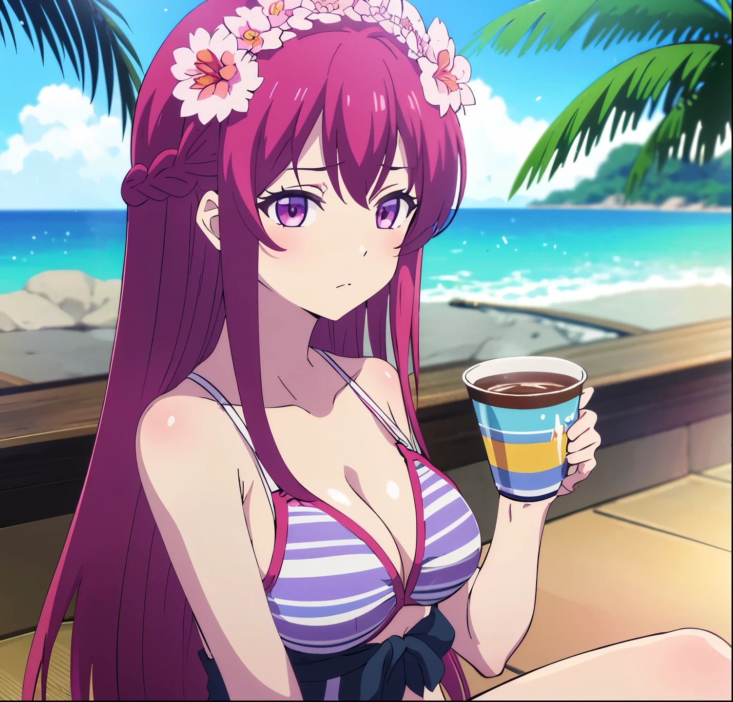 , ouka, long hair, 1girl,alone,looking at viewer,  large breasts,  hair ornament, cleavage,  purple eyes, collarbone, swimsuit,  red hair, braid, flower, bikini, solo focus, striped, hair flower,  blurry, cup, ice, striped bikini, ice cube