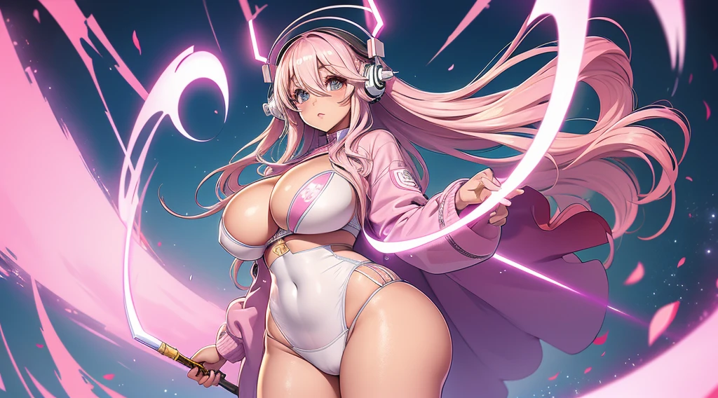 super sonico, pastel pink hair, big boobs, thick thighs, cleavage, digital illustration, vibrant colors, soft lighting, perfect face, absurdres, ultrasharp, 8K, glowing effects