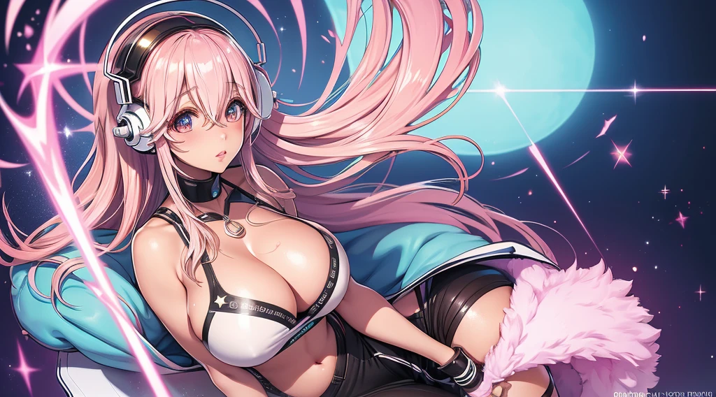 super sonico, pastel pink hair, big boobs, thick thighs, cleavage, digital illustration, vibrant colors, soft lighting, perfect face, absurdres, ultrasharp, 8K, glowing effects