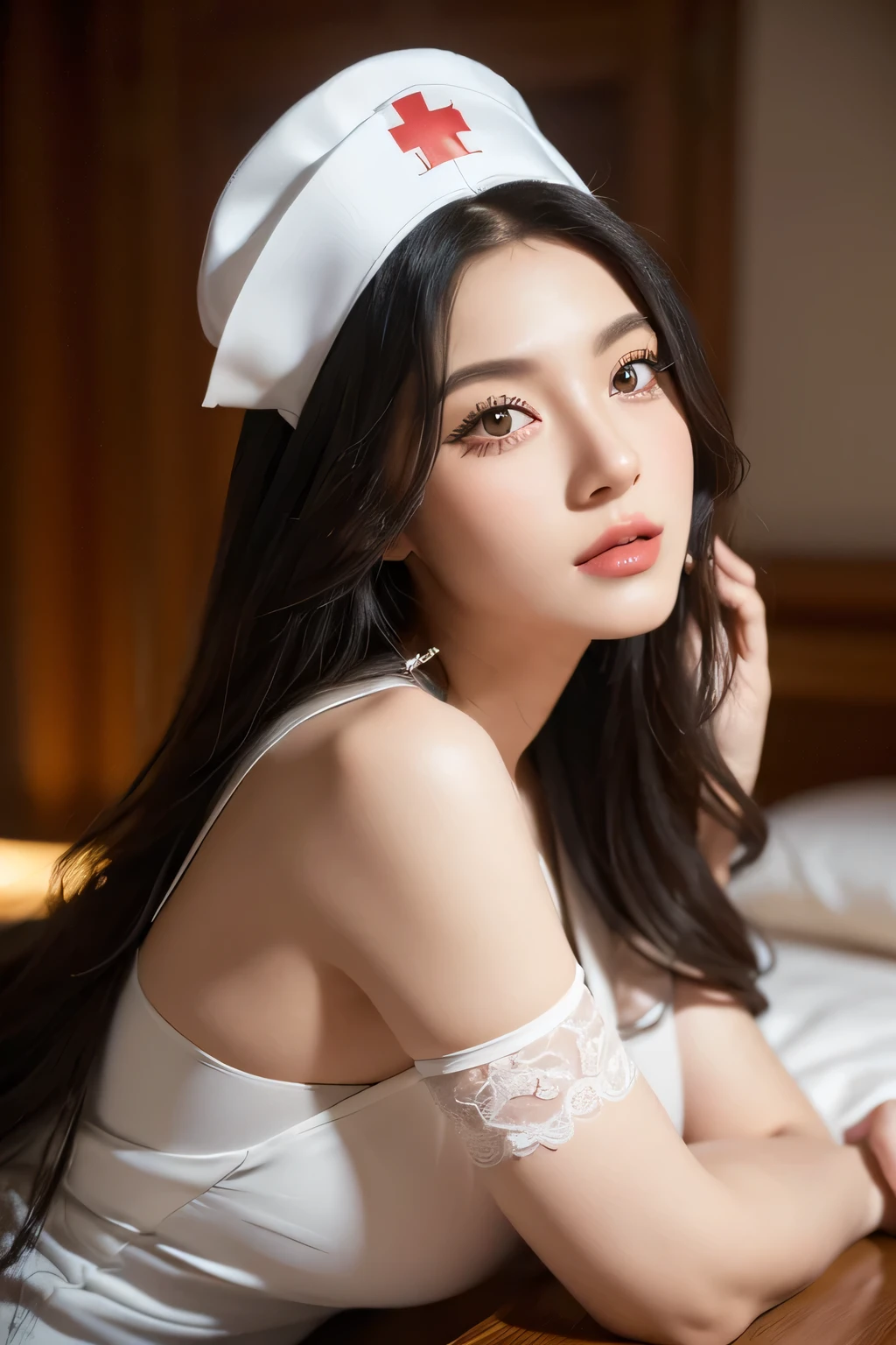 (a girl with long hair,sexy nurse dress,wearing a sexy nurse dress,beautiful detailed eyes,beautiful detailed lips,extremely detailed eyes and face,long eyelashes),oil painting,ultra-detailed,realistic,vivid colors,warm tone,soft lighting