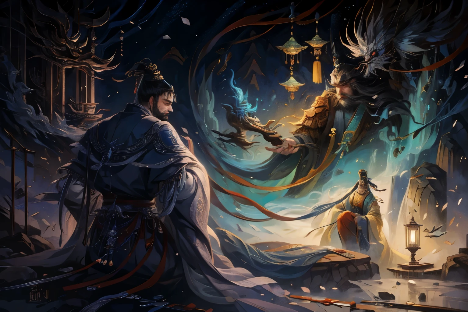 there is a man with a beard and a bearding sitting on a bed, inspired by Huang Shen, g liulian art style, by Yang J, inspired by Li Kan, inspired by Guan Daosheng, heise jinyao, bian lian, detailed digital 2d fantasy art, inspired by Hong Ren, inspired by Wu Daozi, winter mid-night, navy blue color