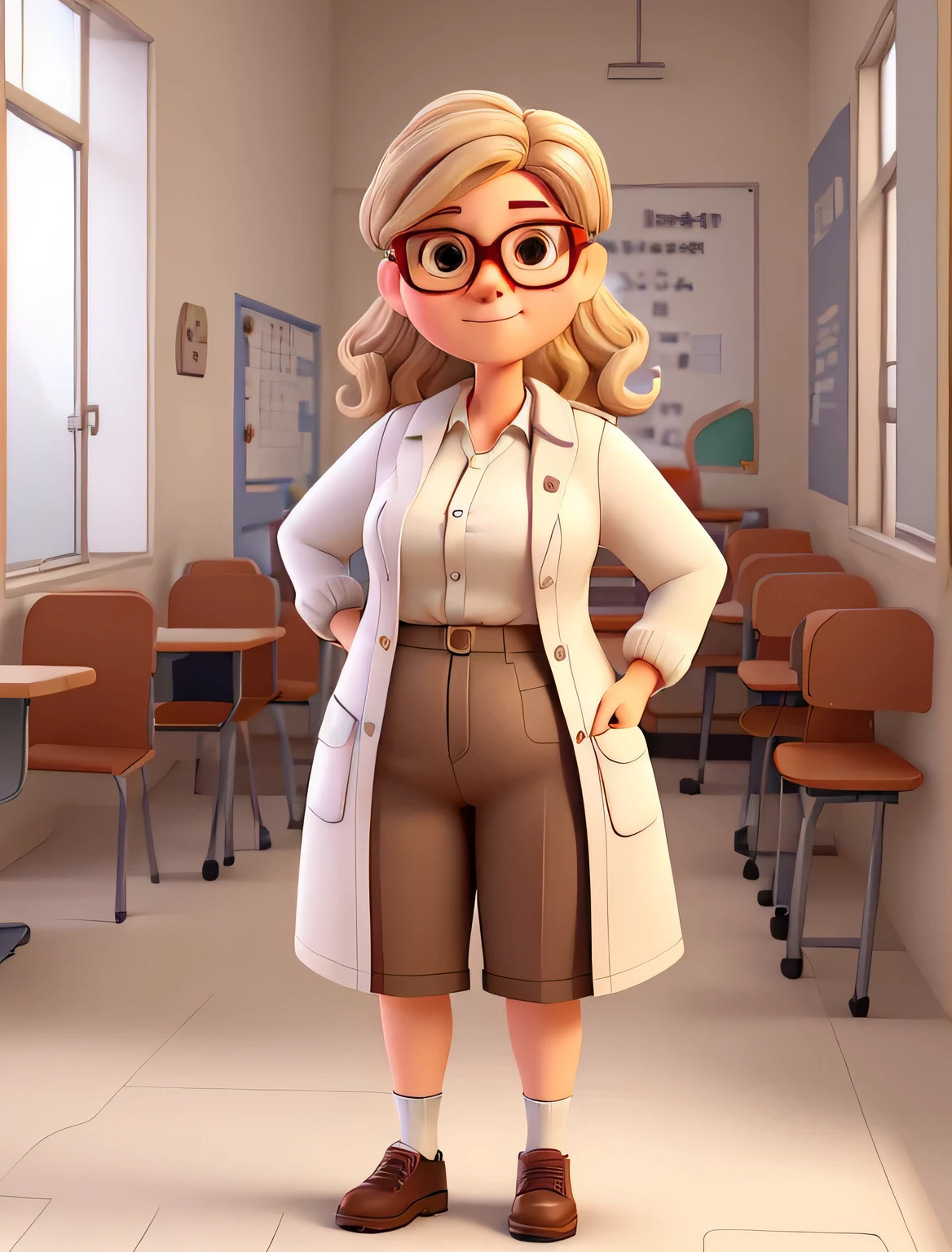 imagem de uma mulher chamada Sandra, 30 anos, diretor de uma escola, ela tem cabelo claro, olhos castanhos, wears glasses, gordinho e de estatura mediana, ela usa um casaco branco de mangas curtas por cima das roupas. She is standing in front of the school gate