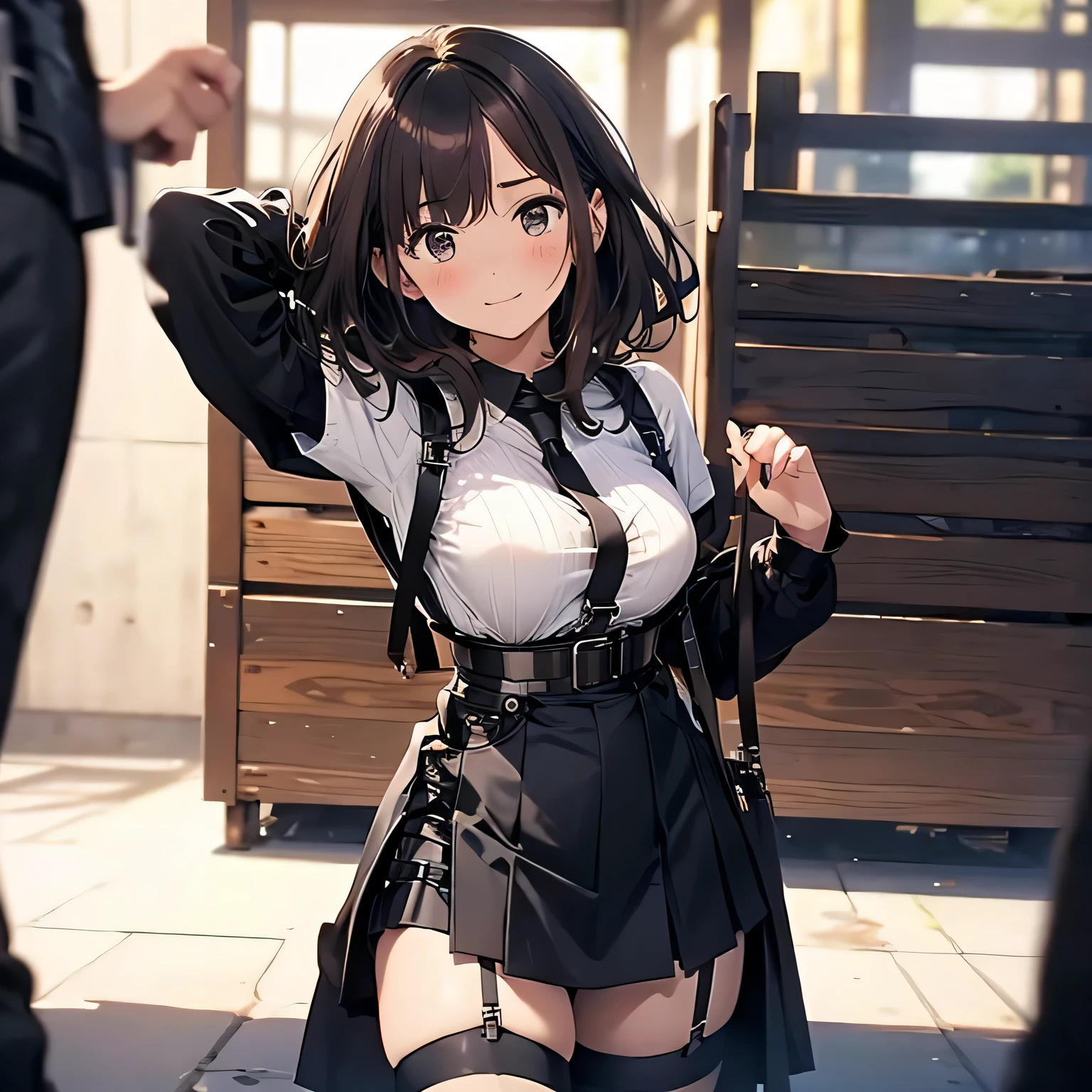 Brown hair、watching at viewers　　　black suspenders　　　bulging big tits　　 　 　　　walls: 　Black miniskirt　garters　　　　　　Gaze　　　a small face　bangss 　　　holster　　　Beautuful Women　　Hands up　　レッグholster ベッドに横たわる　　Gaze 　black boots panty shot　Provocation　flank　flank汗　Soio 　arms are