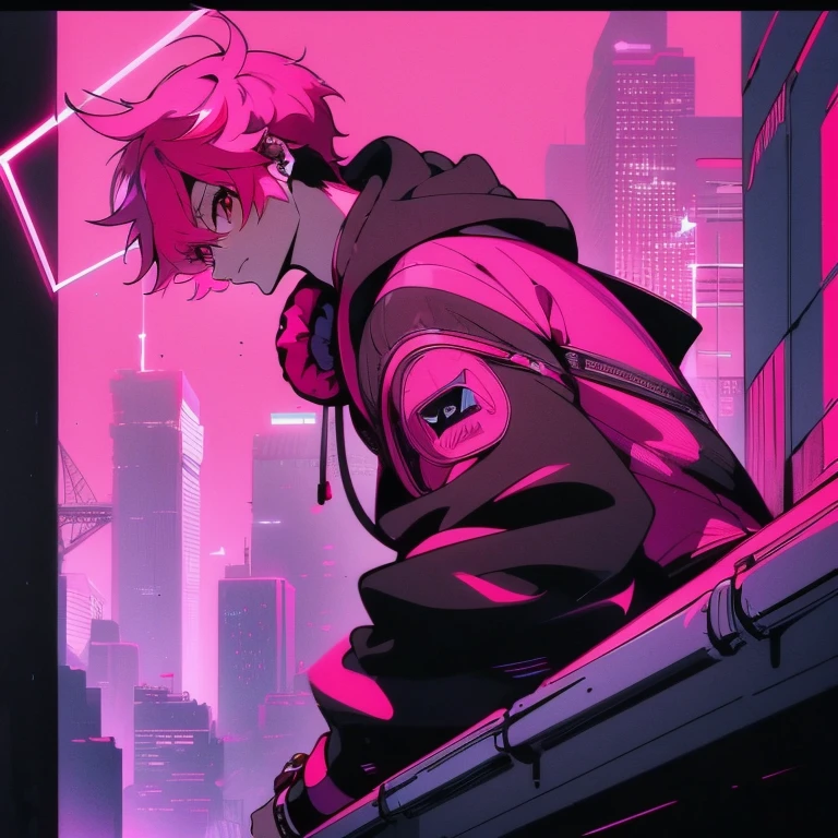 (short-cut), (Two-block hair), (vivid pink hair), (male character), (Red Eyes), (Cool pose), (of the highest quality), (masterpiece), (ultra-detailliert), (Oversized hoodies), (headphones), (Street), (neons), (Camera from a down angle), (Modern City), (neonsデイライト), (Cinematic), (Stylish), (hight resolution), (Hyper Detailed), (Looking at the camera), (Anime-style), (Softtown), (nightcore), (a handsome man), (Listening to music), (natural appearance of the building), (casual), (ig studios anime style),
