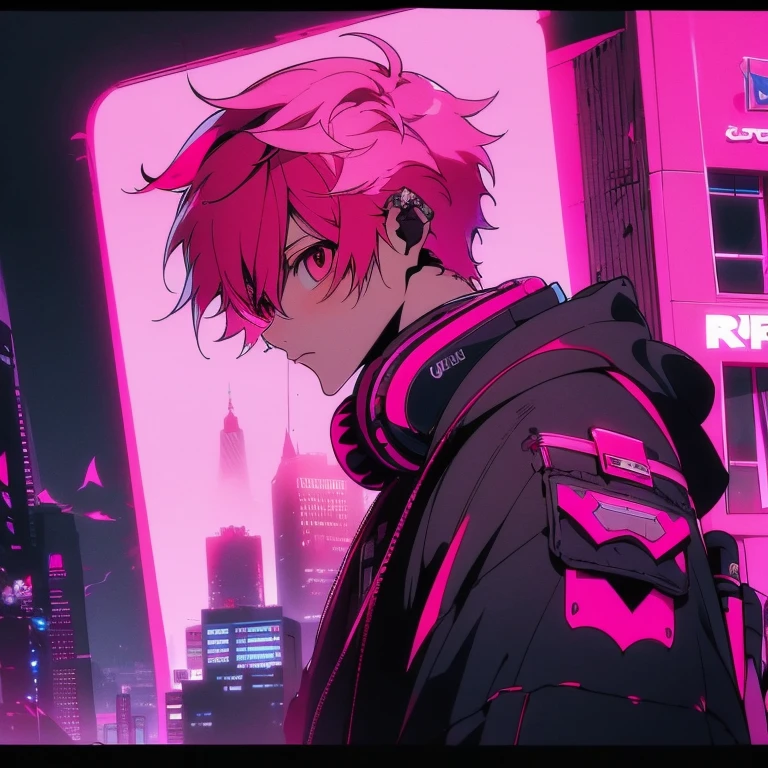 (short-cut), (Two-block hair), (vivid pink hair), (male character), (Red Eyes), (Cool pose), (of the highest quality), (​masterpiece), (ultra-detailliert), (Oversized hoodies), (headphones), (Street), (neons), (Camera from a down angle), (Modern City), (neonsデイライト), (Cinematic), (Stylish), (hight resolution), (Hyper Detailed), (Looking at the camera), (Anime-style), (Softtown), (nightcore), (a handsome man), (Listening to music), (natural appearance of the building), (casual), (ig studios anime style),