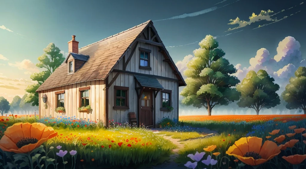 A small cottage next to a wildflower field watercolor HD lonely abandoned, poppys, (extremely detailed CG unity 8k wallpaper), (best quality), (best illustration), (best shadow)