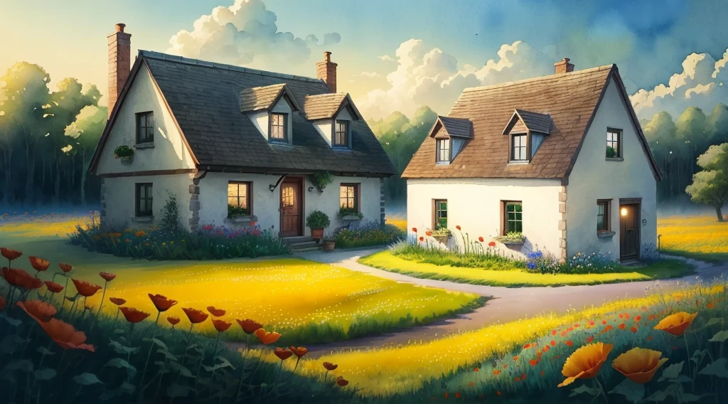 A small cottage next to a wildflower field watercolor HD lonely abandoned, poppys,  (extremely detailed CG unity 8k wallpaper), (best quality), (best illustration), (best shadow)