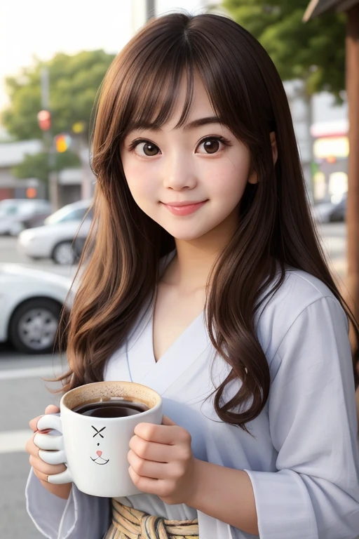 there is a young girl holding a cup of coffee in her hand, girl cute-fine-face, cute natural anime face, with cute - fine - face, sakimi chan, chiho, 奈良美智, young cute face, beautiful japanese girls face, brown hair and large eyes, cute kawaii girl, beautiful light big eyes