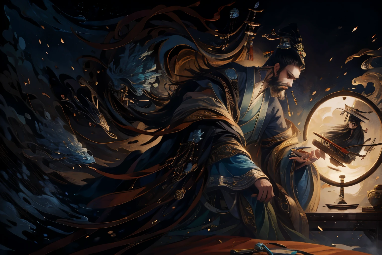 there is a man with a beard and a bearding sitting on a bed, inspired by Huang Shen, g liulian art style, by Yang J, inspired by Li Kan, inspired by Guan Daosheng, heise jinyao, bian lian, detailed digital 2d fantasy art, inspired by Hong Ren, inspired by Wu Daozi, winter mid-night, navy blue color