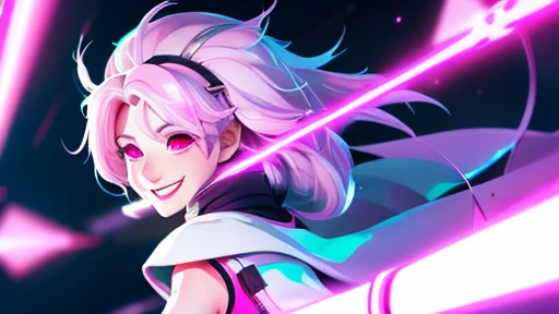 A smiling beautiful girl with white pink hair in an animated and lively cyberpunk style is holding a sword.、Overall dark computer wallpaper